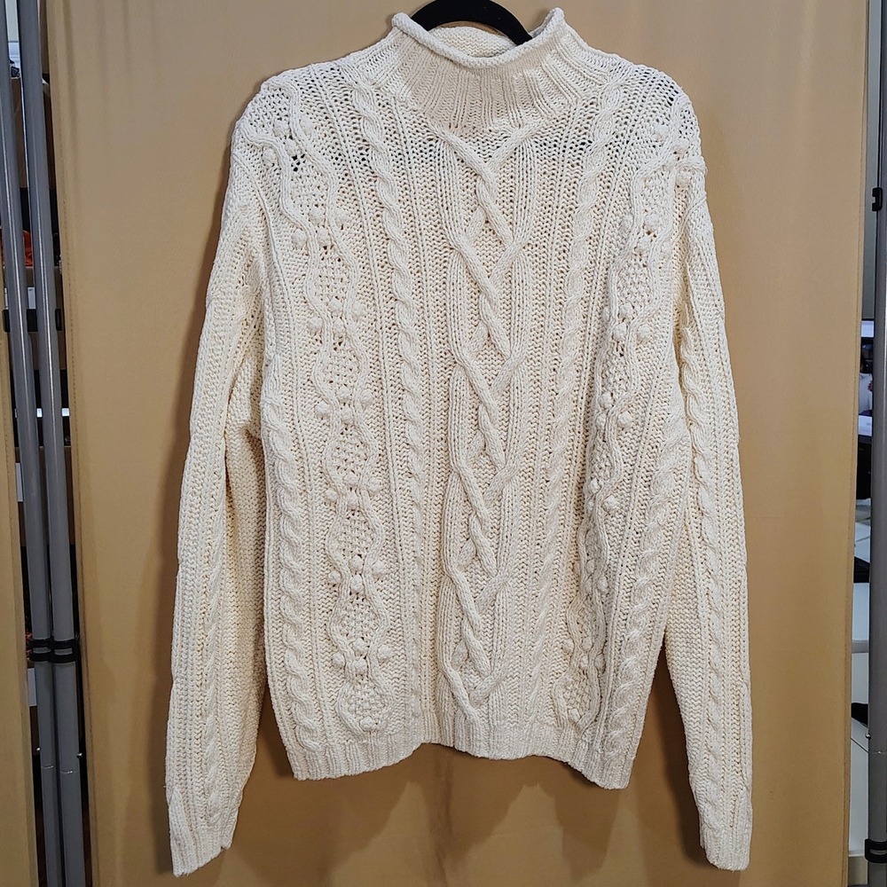 Vintage Silk Cotton Cable Knit Roll Neck Sweater Women M Fisherman Chunky Ivory